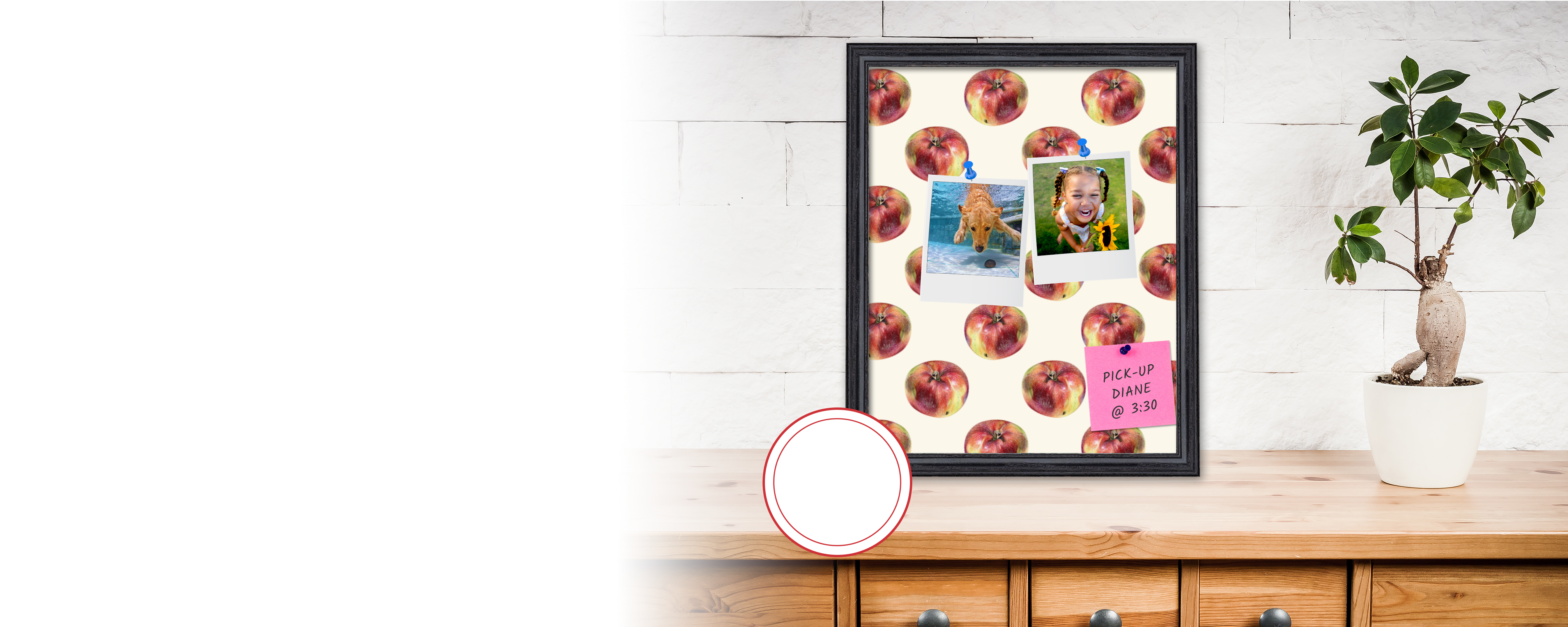 Custom printed cork board lifestyle image with red apple design