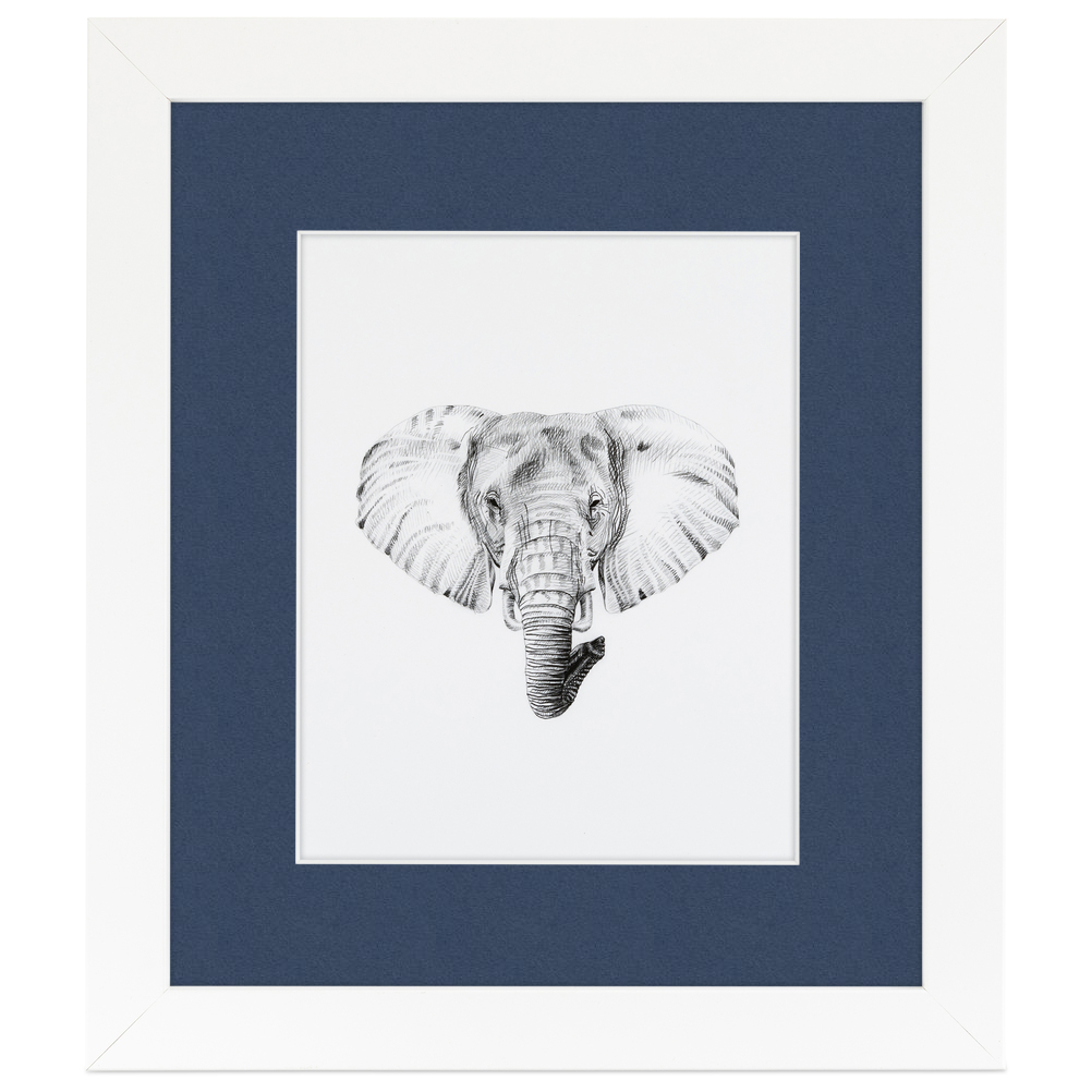 12x14 Inch Single Mat Picture Frame with 16x18 Inch Glass Size Framed in 1.25" Satin White Frame and 2" Midnight Blue Mat.
