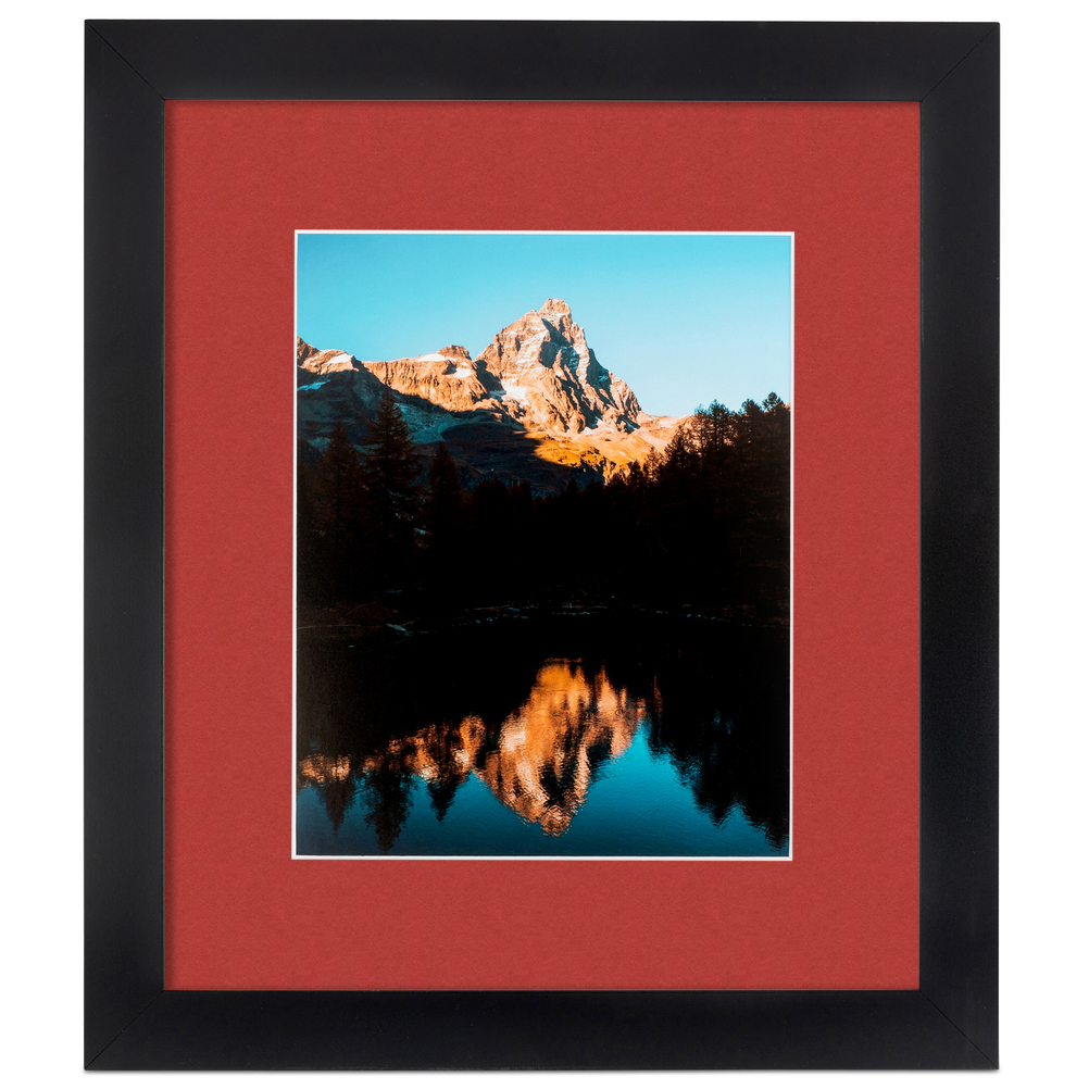 20x20 Inch Single Mat Picture Frame with 24x24 Inch Glass Size Framed in 1.25" Satin Black and 2" Deep Red Mat.